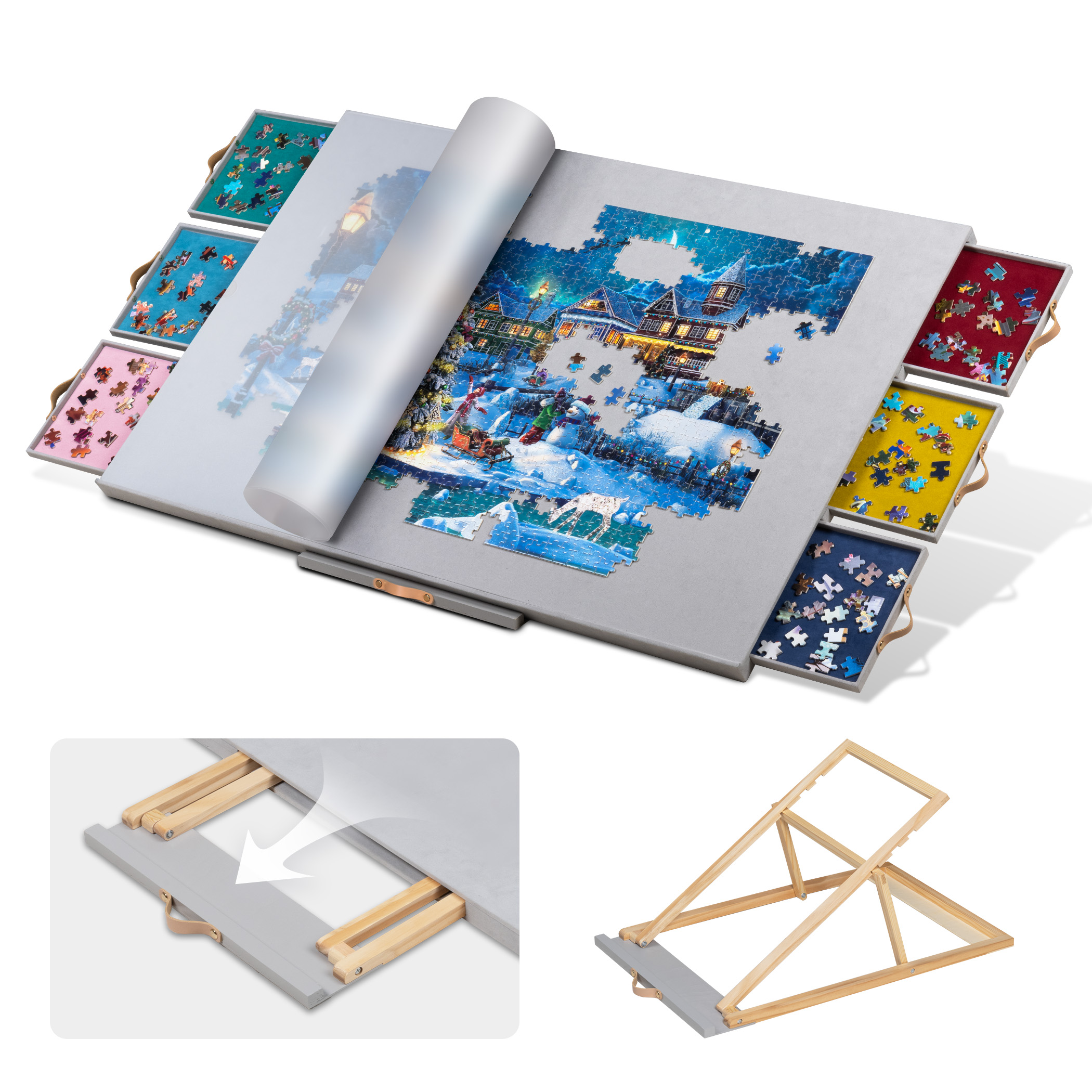 Tilting Puzzle Board with 6 Colored Drawers & Cover JPB084-Gra