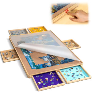Handleless Design! Portable Wooden Jigsaw Puzzle Board with 6 Press Open/Close Colorful Non-Handle Drawers JPT021
