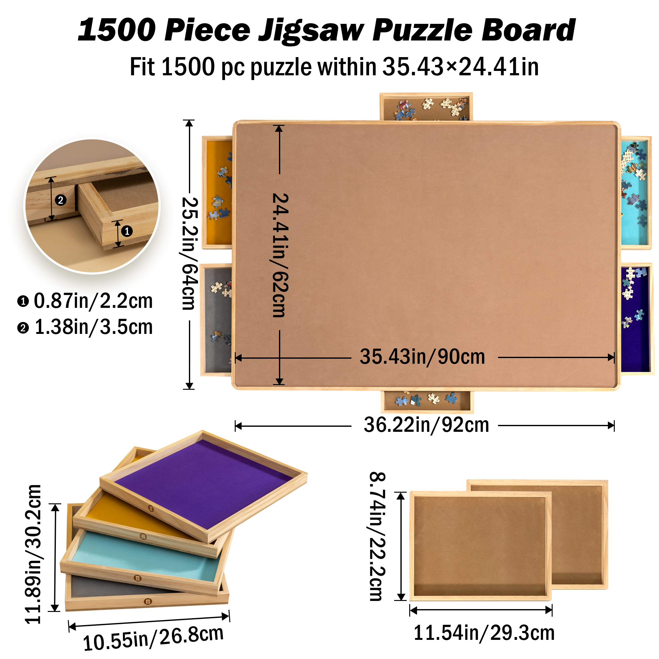 Handleless Design! Portable Wooden Jigsaw Puzzle Board with 6 Press Open/Close Colorful Non-Handle Drawers JPT021