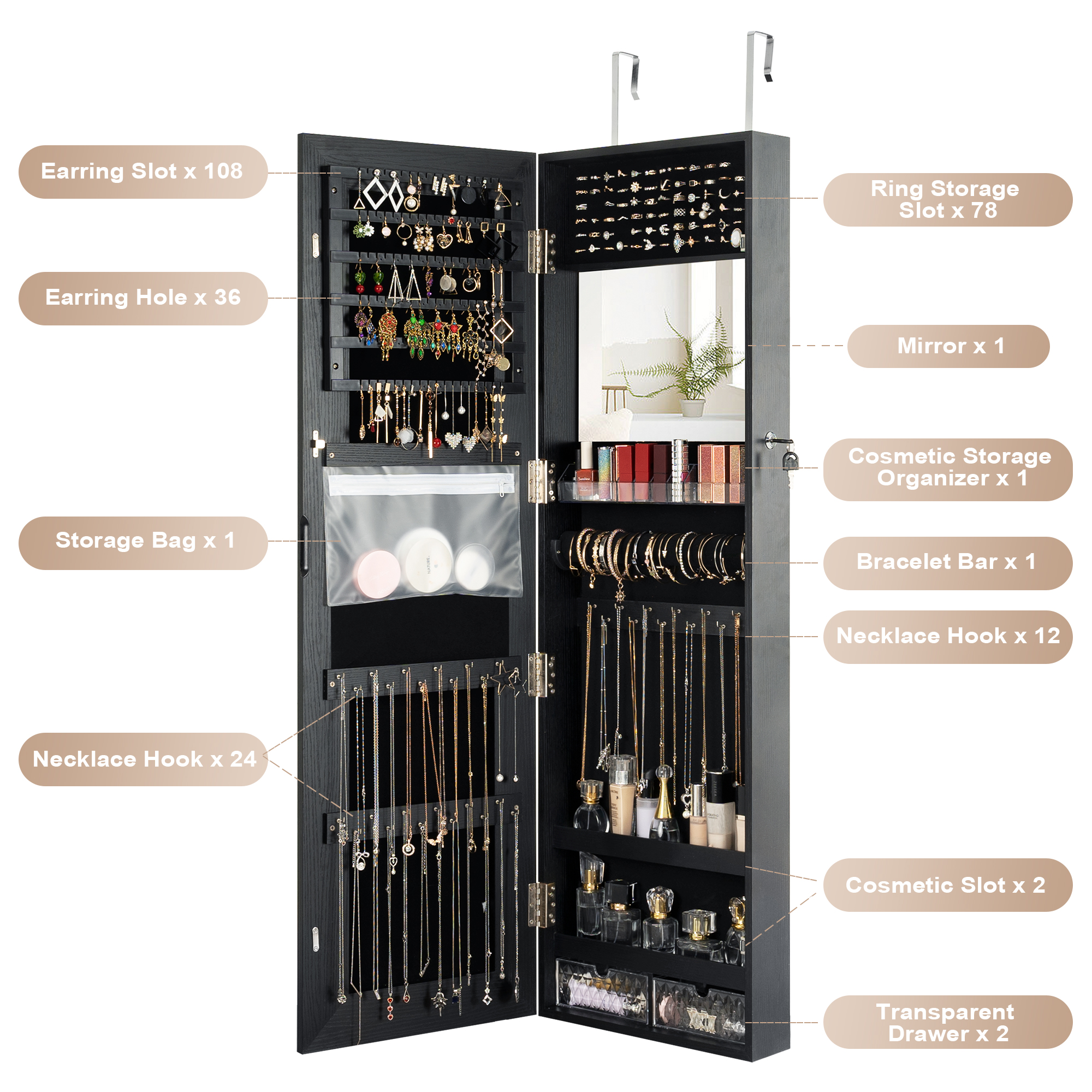 Becko US LED Mirror Jewelry Cabinet with 3 Colored Light WGSSG003-Bla