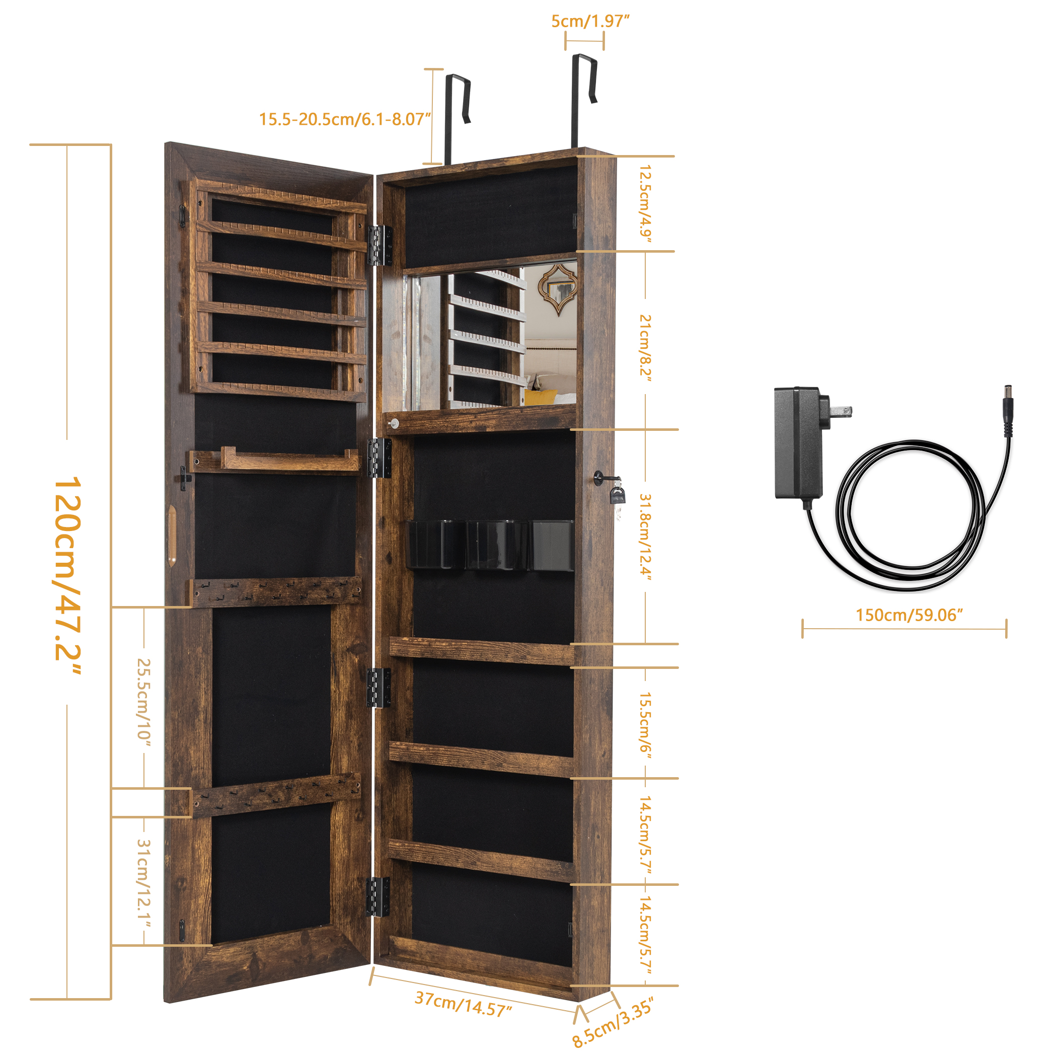 Becko US Wooden Jewelry Armoire with Outside & Inside Mirror Lights WGSSG005-Bro