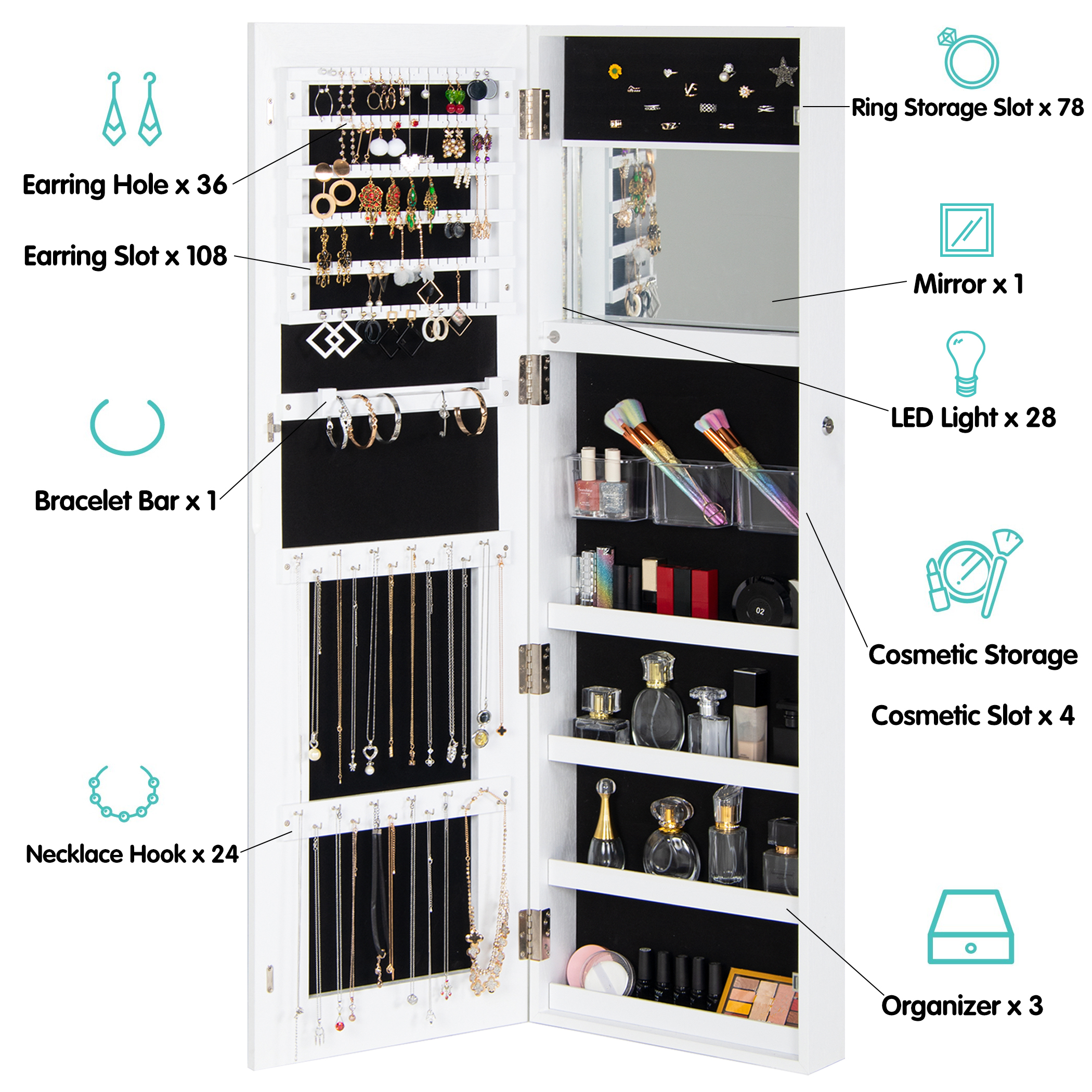 Becko US Wooden Jewelry Armoire with Outside & Inside Mirror Lights WGSSG005-Whi