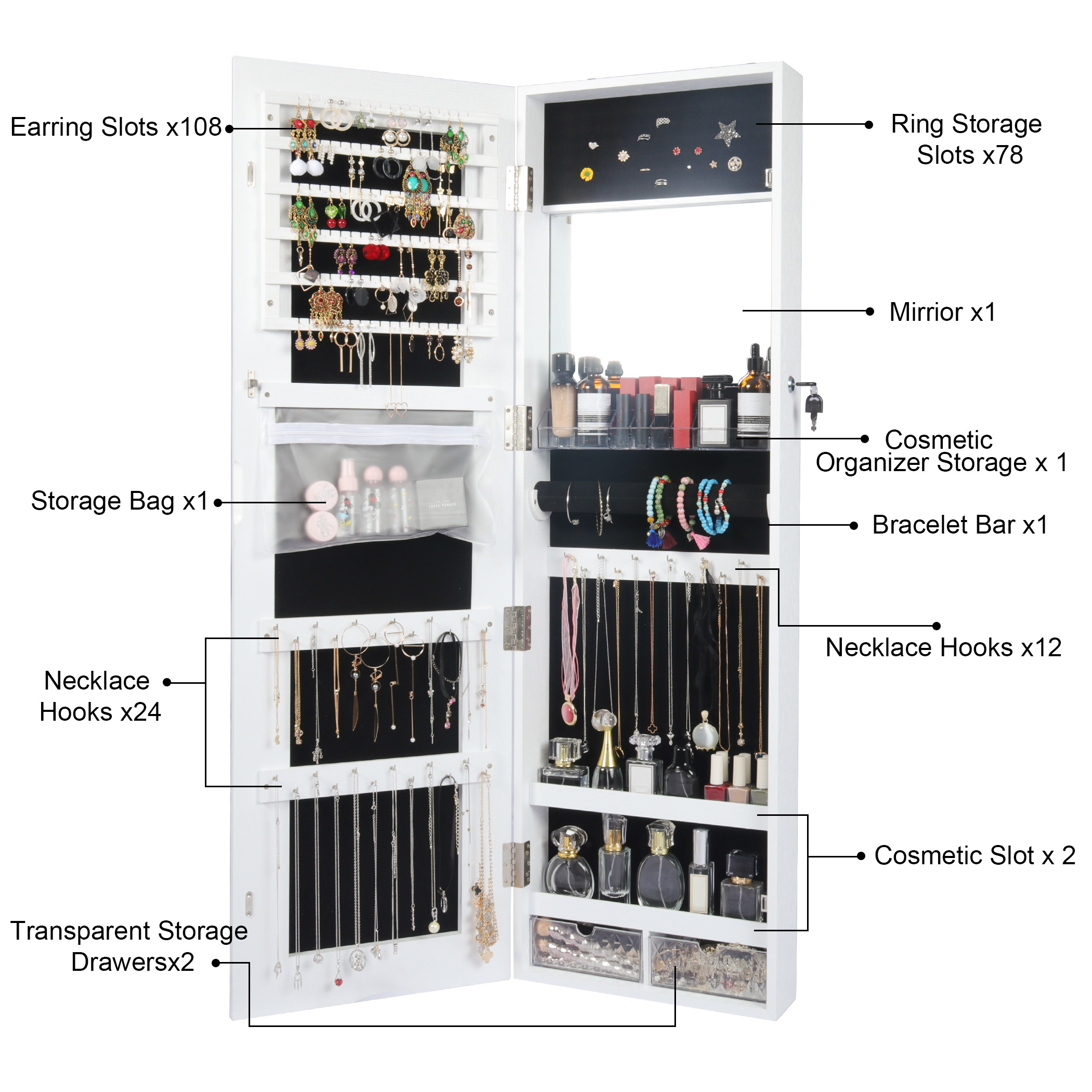 Becko US LED Mirror Jewelry Cabinet with 3 Colored Light WGSSG003