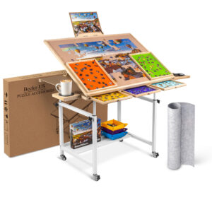 Becko US 1500 Piece Puzzle Table with 5 Drawers & Cover, Tilting Puzzle Board on Wheels with 3 Tilt Angles & Height Adjustments, with Cup Holder & Tray Puzzle Box Holder , for 1500 Pieces Puzzles