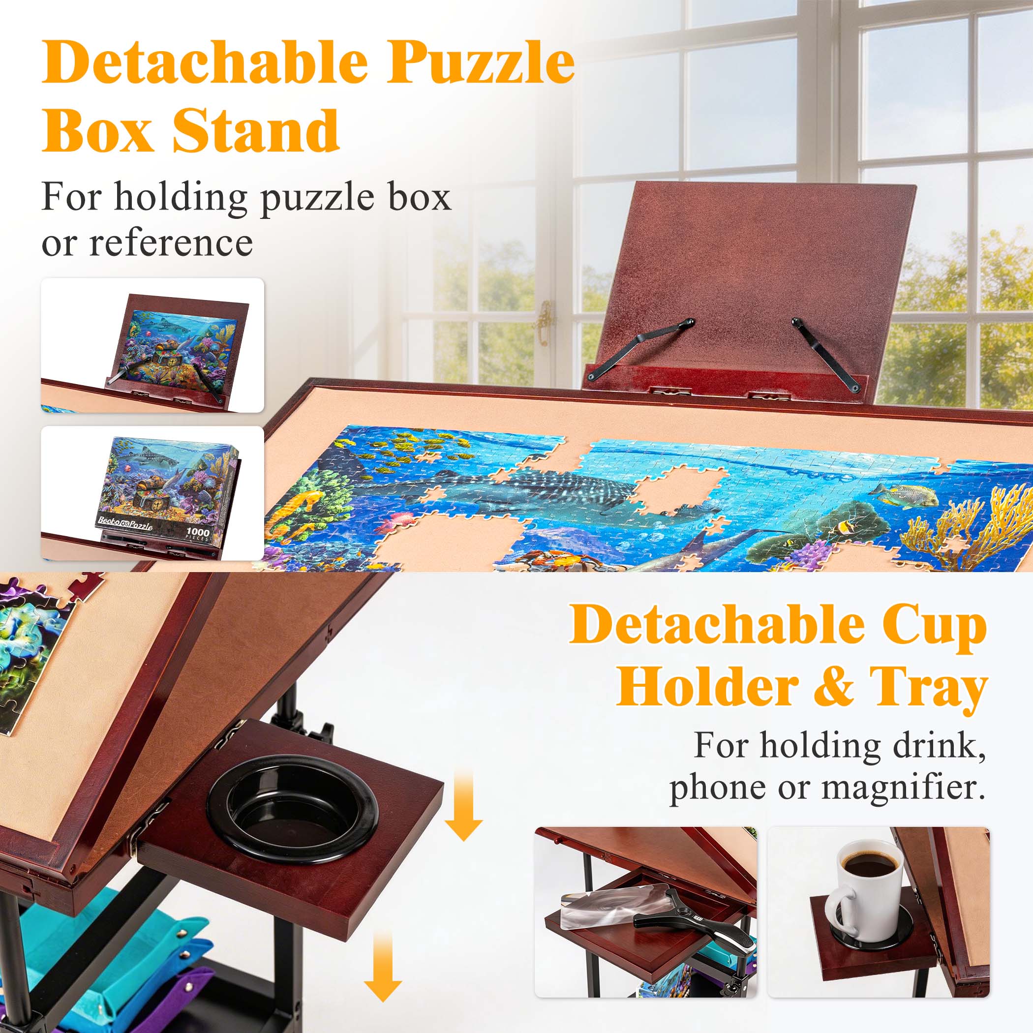 Becko US 1500 Piece Puzzle Table with 5 Drawers & Cover, Tilting Puzzle Board on Wheels with 3 Tilt Angles & Height Adjustments, with Cup Holder & Tray Puzzle Box Holder , for 1500 Pieces Puzzles