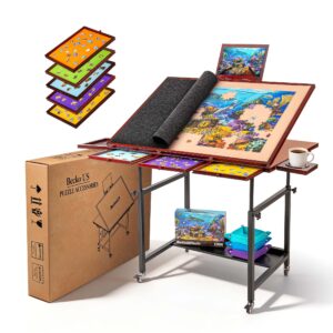 Becko US 1500 Piece Puzzle Table with 5 Drawers & Cover, Tilting Puzzle Board on Wheels with 3 Tilt Angles & Height Adjustments, with Cup Holder & Tray Puzzle Box Holder , for 1500 Pieces Puzzles